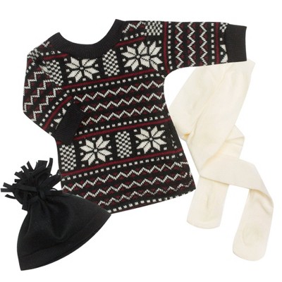Sophia’s Fair Isle Dress, Hat, & Tights Outfit Set for 18” Dolls, Black/White