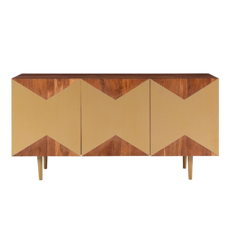 58&#34; Verdeen Mid Century Modern Console Solid Wood Gold Geo Front 3 Doors Brown/Gold - Powell, 4 of 15