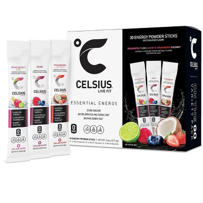 Celsius-Energy Powder Sticks, Dragonfruit Lime, Berry, Strawberry Coconut, 200mg Caffeine, (30 Pack)