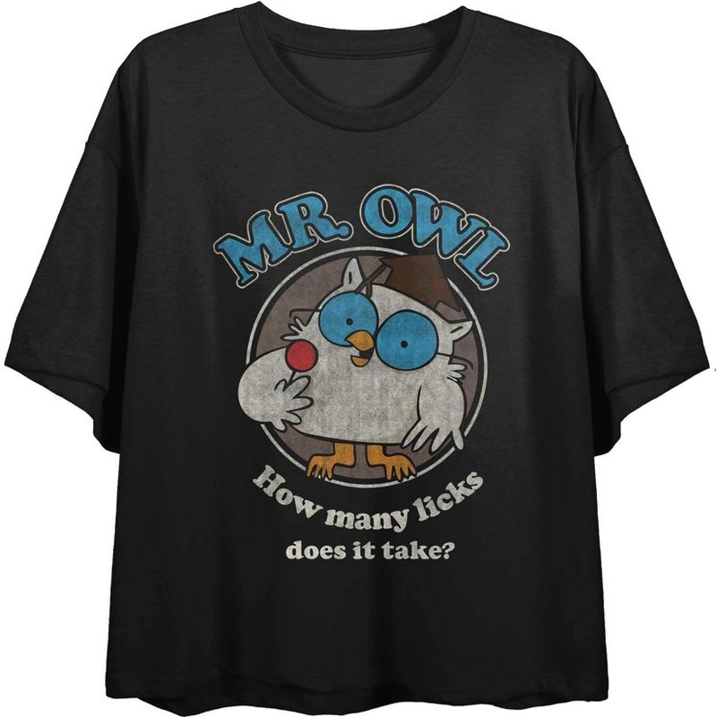 Tootsie Pops Mr. Owl Juniors Black Crop Top T-shirt, 1 of 3