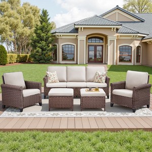 Buenhomino 5-Piece Outdoor Sofa Set with Chairs & Ottomans, PE Wicker Patio Furniture with Cushions & Powder-Coated Frame - 1 of 4