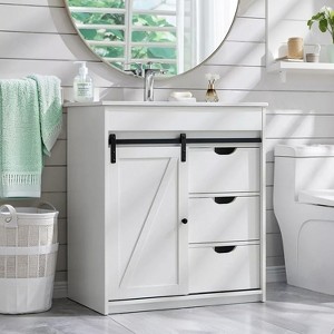 SinCiDo Bathroom Vanity with Sink, 30in Wide Farmhouse Bathroom Sink Cabinet with Sliding Barn Door & Drawers & Adjustable Shelves - 1 of 4