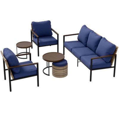 EAGLE PEAK Sunset Dune 6 Piece Collection Modern Outdoor  Furniture Set, Patio Wicker Wood Grain Lounge Set