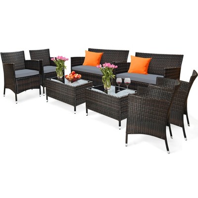 Tangkula 8PCS Patio Rattan Conversation Furniture Set Outdoor w/ Cushion