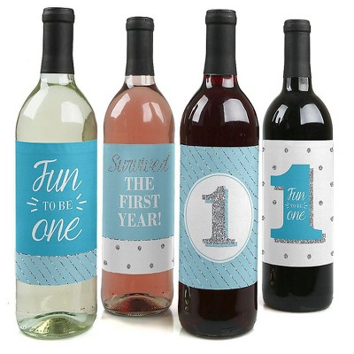 Big Dot of Happiness 1st Birthday Boy - Fun to be One - First Birthday Party Decorations for Women and Men - Wine Bottle Label Stickers - Set of 4