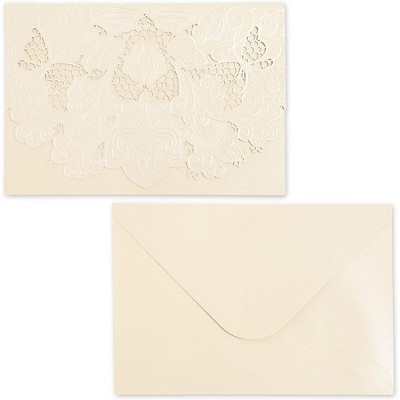 Paper Junkie 24-Pack Laser Cut Ivory Lace Invitations Cards with Envelopes for Wedding Bridal Shower, 7x5 in