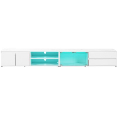 Vynxaria 94" White Marble TV Center with Tempered Glass Doors and Smart Lighting for TVs Up to 105"L