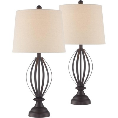 360 Lighting Farmhouse Table Lamps Set of 2 Bronze Open Cage Taupe Drum Shade for Living Room Bedroom Bedside Nightstand Office