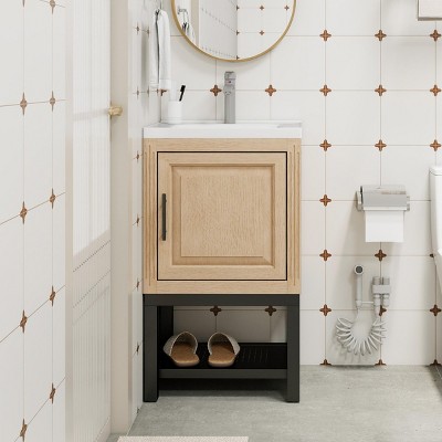 Bathroom Vanity With Ceramic Sink And Hot And Cold Faucet,Freestanding Bathroom Storage Cabinet With 2 Doors And Open Iron Shelf-Maison Boucle