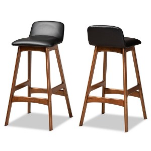 Baxton Studio 2pc Darrin Faux Leather and Wood Barstools Black/Walnut/Brown: Upholstered Oval Seat, 30" Fixed Height - 1 of 4