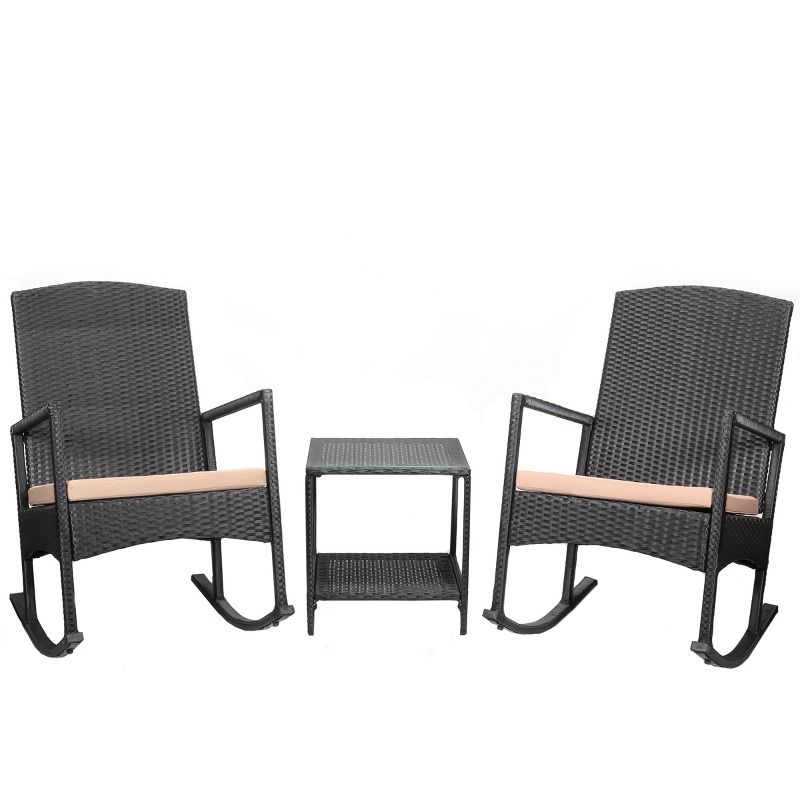 Barton 3PCS Outdoor High-Backrest Rocking Chair Cushion Seat Seating Group w/ Table Set (Black/Beige), 1 of 8