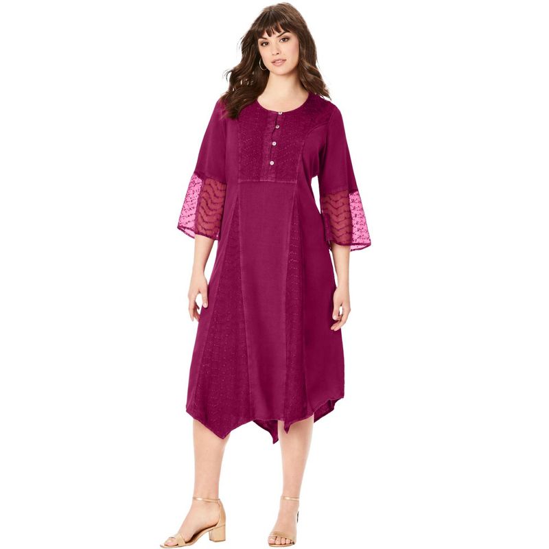 Roaman's Women's Plus Size Embroidered Acid-Wash Boho Dress, 1 of 3