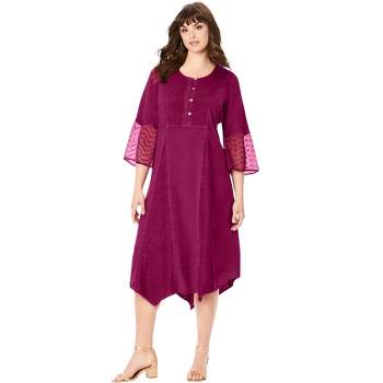 Roaman's Women's Plus Size Embroidered Acid-Wash Boho Dress