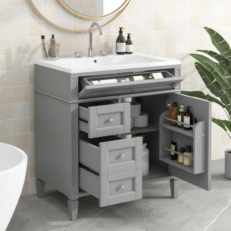 30" Bathroom Vanity with Top Sink, 2 Drawers and 1 Tip-Out Drawer, Gray - ModernLuxe, 2 of 13