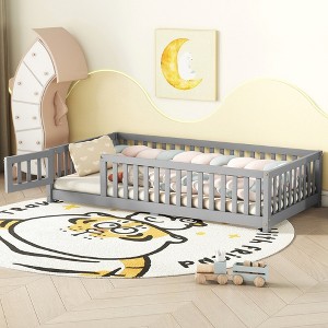 Gulches Twin Size Bed Floor Bed with Safety Guardrails and Door for Kids, Gray - 1 of 4