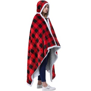 Catalonia Woman Fuzzy Wearable Blanket Hooded Shawl Wrap Cape with Inside Pocket, Woman Clothes Cozy Hooded Fleece Plush Blanket - 1 of 4