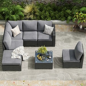 Maggift Patio Seating 7-Piece Set with Single Sofa, L-Shaped Sofa and Coffee Table for Garden, Backyard, Balcony, Gray, 27.56"*27.56"*32.09" - 1 of 4