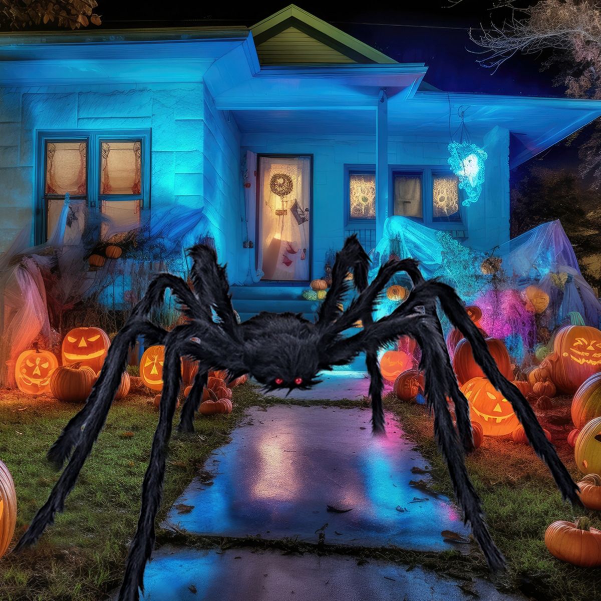 Joyfy 5 Ft Spider Halloween Outdoor Decorations, Scary Hairy Spider Plush Spider for Yard Patio Lawn Garden Window Creepy Halloween Decor Props - thumbnail 9