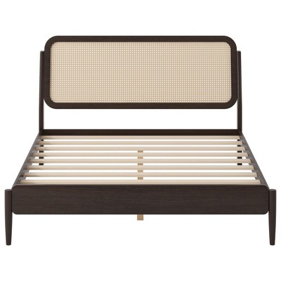 YOOCOZZ Queen Size Platform Bed with LED Rattan Headboard - Antique Espresso