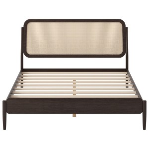 YOOCOZZ Queen Size Platform Bed with LED Rattan Headboard - Antique Espresso - 1 of 4