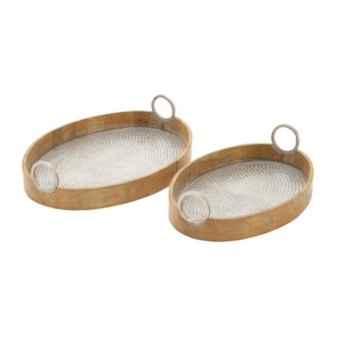 Abrams Industrial Round Wooden Trays With Sides & Metal Handles, Set of Two