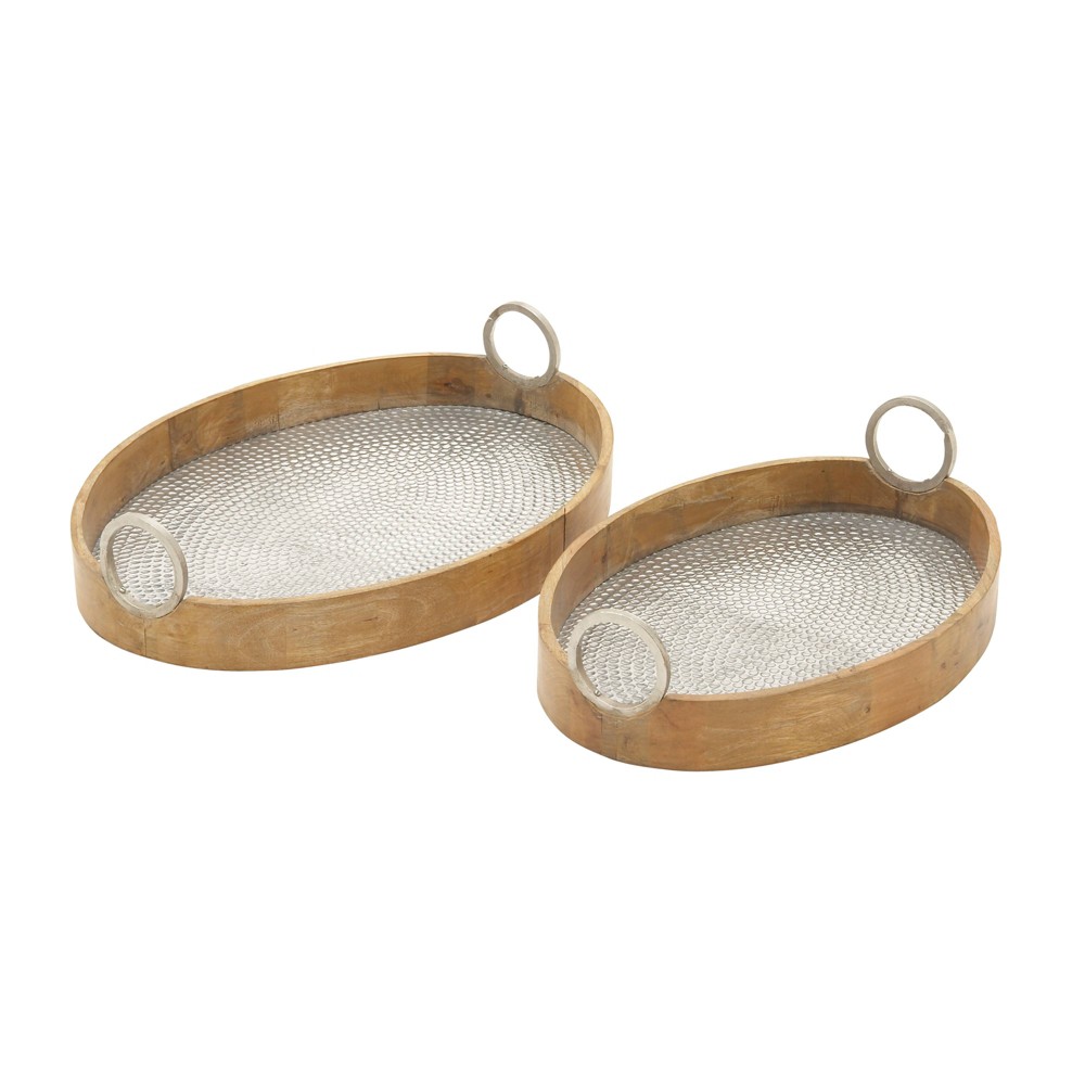 Photos - Other interior and decor Set of 2 Oval Eclectic Metal and Wood Trays with Handles Brown - Olivia &