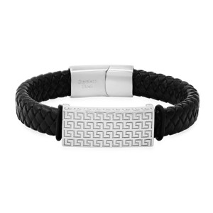 Steeltime Men's black braided leather and stainless steel id bracelet with greek key accents - 1 of 4