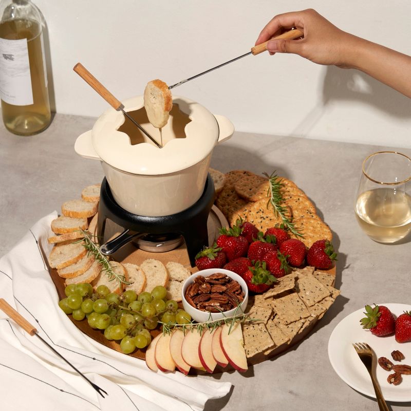Twine 5998 Farmhouse Kitchen Enamel Cast Iron Fondue Set Cheese Melting Pot Metal Stand with Stainless Steel Forks and Chrome Gel Burner, Off-Cream, 5 of 11