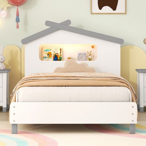 Twin Size Wood Platform Bed with House-Shaped Headboard and Motion Activated Night Lights, No Box Spring Needed - image 1 of 4