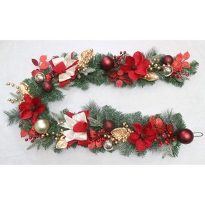 6Ft Pre Lit Christmas Garland with Lights, Red Gold Ball Ornaments, Bows, Magnolia Flowers Xmas Decorations for Mantle Door Fireplace Centerpiece - 1 of 1