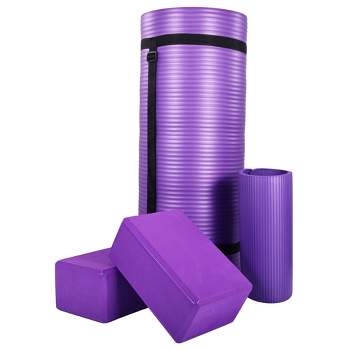 BalanceFrom All-Purpose 71" x 24" x 1-Inch Extra Thick High Density Anti-Tear Exercise Yoga Mat, Knee Pad with Carrying Strap & 2 Yoga Blocks, Purple