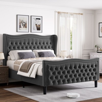 NicBex Full/King Upholstered Bed Frame with Velvet Tufted Headboard and Footboard,Wingback Headboard with Double Nail Design,Under Bed Storage