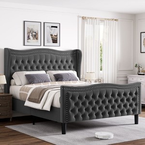 NicBex Full/King Upholstered Bed Frame with Velvet Tufted Headboard and Footboard,Wingback Headboard with Double Nail Design,Under Bed Storage - 1 of 4