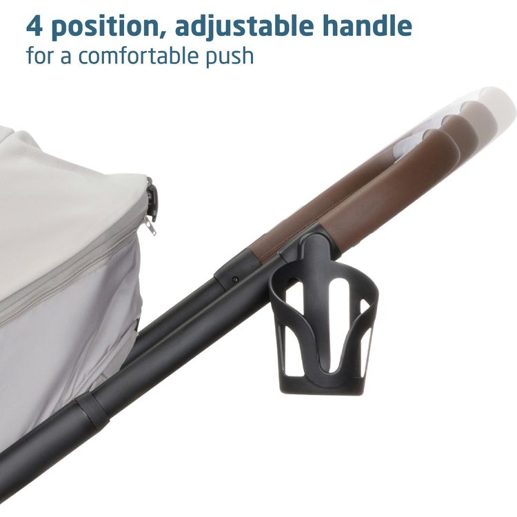 A stroller handle with brown colored padding, featuring a cup holder and text indicating a "4 position, adjustable handle for a comfortable push."