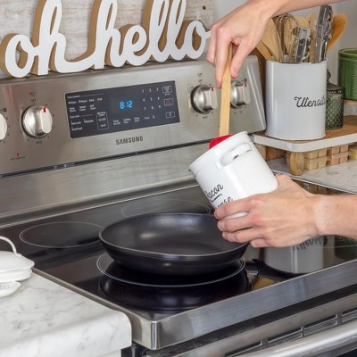 AuldHome Design White Bacon Grease Container, Enamelware Can w/ Strainer, Farmhouse Style Kitchen Storage — фото 5