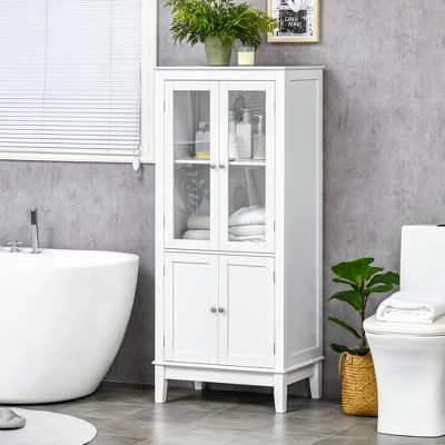 White MDF Bathroom Floor Cabinet with Tempered Glass Doors