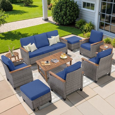 Buenhomino 10-Piece Outdoor Patio Set – 4 Single Chairs, Sofa, 2 Side Tables, 2 Ottomans & Coffee Table, All-Weather Wicker, Beige