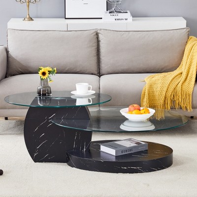 Oval Coffee Table with Double Layer Design, Glass Cocktail Table Accent Table Sofa Side Table Center Table, Marble / Wood Grain - ModernLuxe