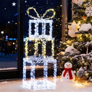 Angel Sar 3ft Stacked LED Christmas Gift Boxes, 200 Warm/Cool White Lights with Acrylic Beads, Outdoor Lighted Decoration with Golden Bow - 1 of 4