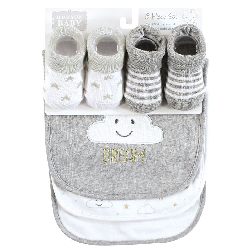 Hudson Baby Unisex Baby Cotton Bib and Sock Set, Gray Cloud, One Size, 3 of 7