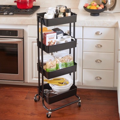 Black 4-Tier Metal Rolling Utility Cart with Mesh Baskets