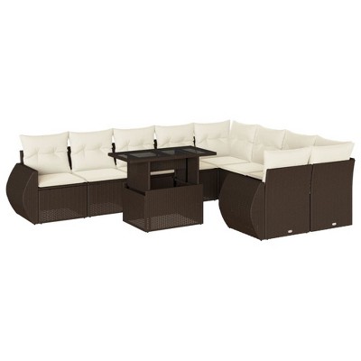 vidaXL 10 Piece Patio Sofa Set with Cushions Brown and Cream Poly Rattan