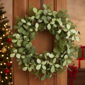 SEVOBAL Wreaths 24" Christmas Cedar Wreath Full Luxe Greenery Holiday Door Decor Handmade Green Leaves Wreath for Festival, Green, 24"*24"*4" - 1 of 4