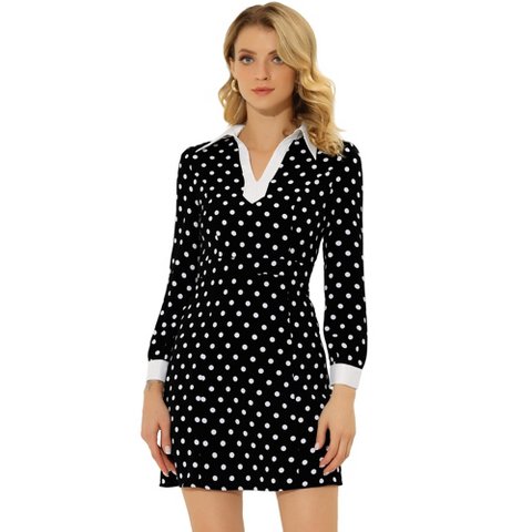 Женские платья INSPIRE CHIC Women's Vintage Contrast Polka Dots Long Sleeve A-Line Collar Dress Medium Black