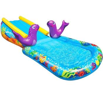 Banzai Inflatable Outdoor My First Cushion Water Slide Ramp and Splash Pool with Inflatable Seal Sprinkler Sprayers for Kids Ages 2+