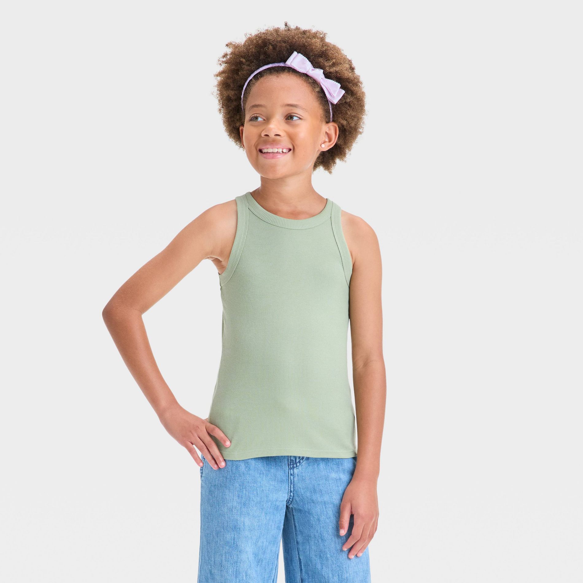 Girls' Ribbed Tank Top - Cat & Jack™ Light Olive Green S: Slim Fit, Sleeveless