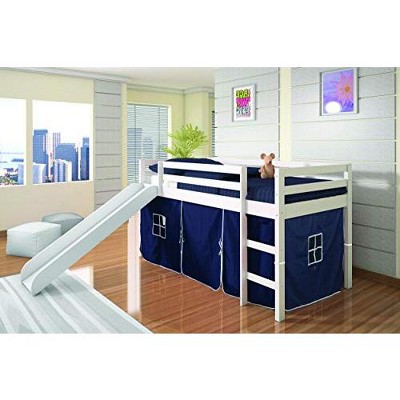 Donco Kids Low Loft Bed with Slide and Blue Tent, Twin, White