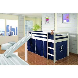 Donco Kids Low Loft Bed with Slide and Blue Tent, Twin, White - 1 of 4