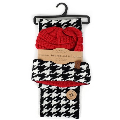 Women's Houndstooth Design 100% Acrylic Reversible Hat And Infinity Scarf Set