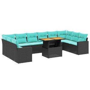 vidaXL 11 Piece Patio Sofa Set with Cushions Black Poly Rattan - Black and Blue 2x Corner 6x Middle 2x Sofa Table - 1 of 4
